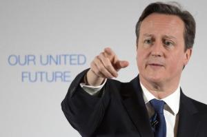 Britain's Prime Minister David Cameron delivers a speech  at Dynamic Earth in Edinburgh, Scotland