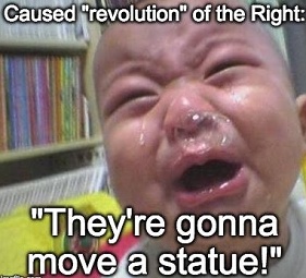 baby crying over statue removal